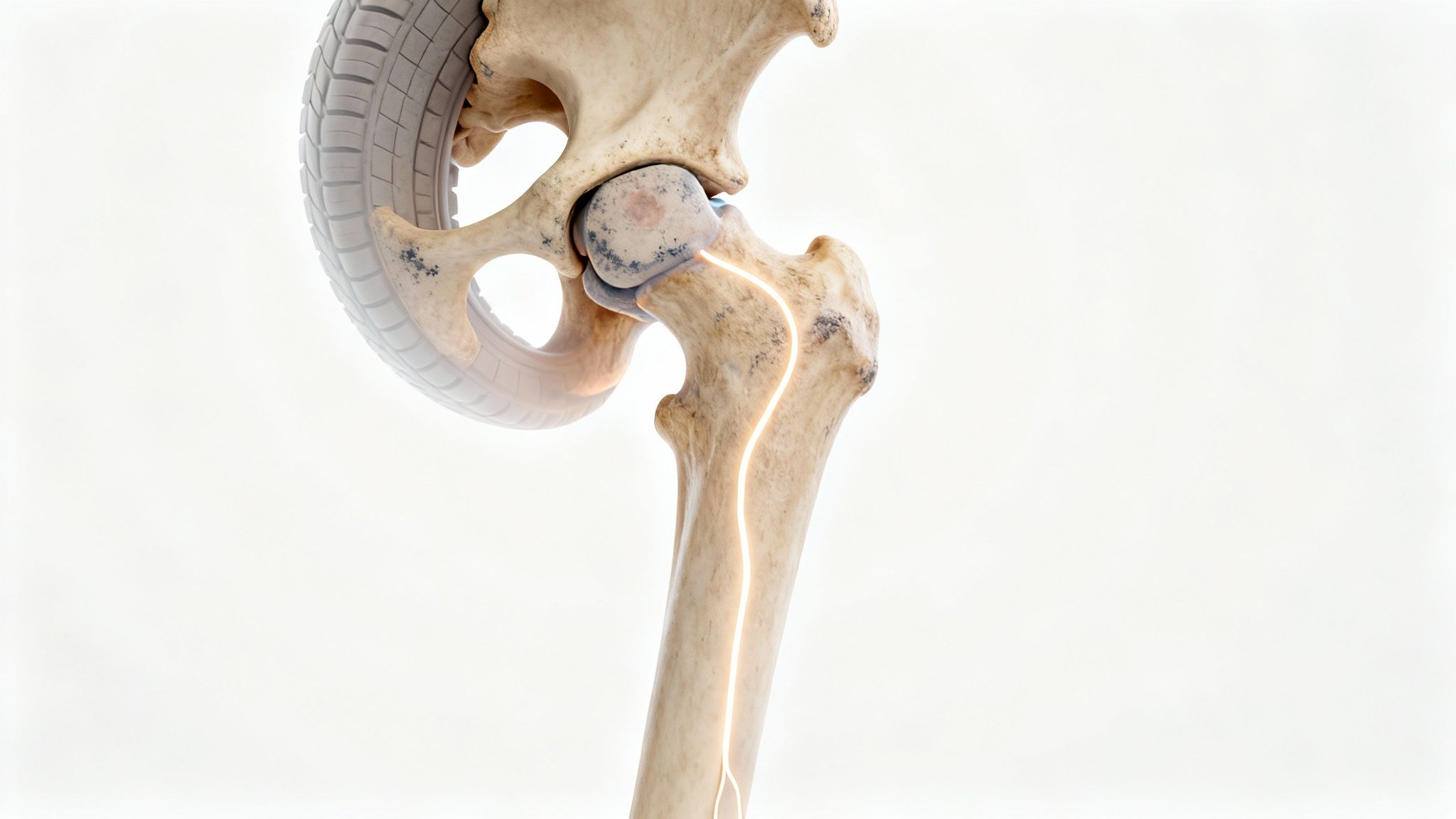 Representación 3D de la cadera, fémur y nervio ciático con un neumático, sugiriendo dolor.