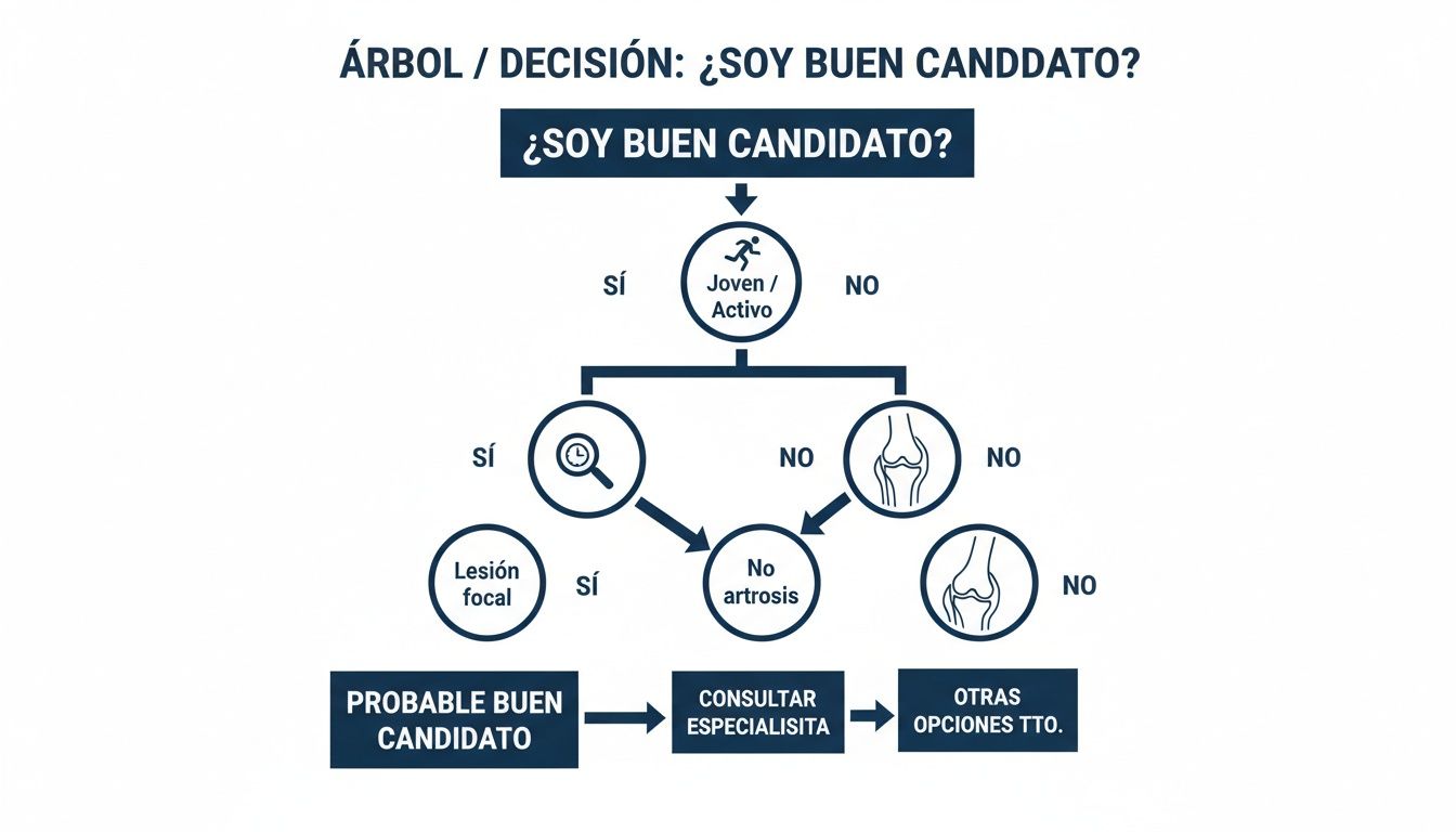 Diagrama de flujo para evaluar si eres un buen candidato para un tratamiento, basado en edad, actividad y condición articular.
