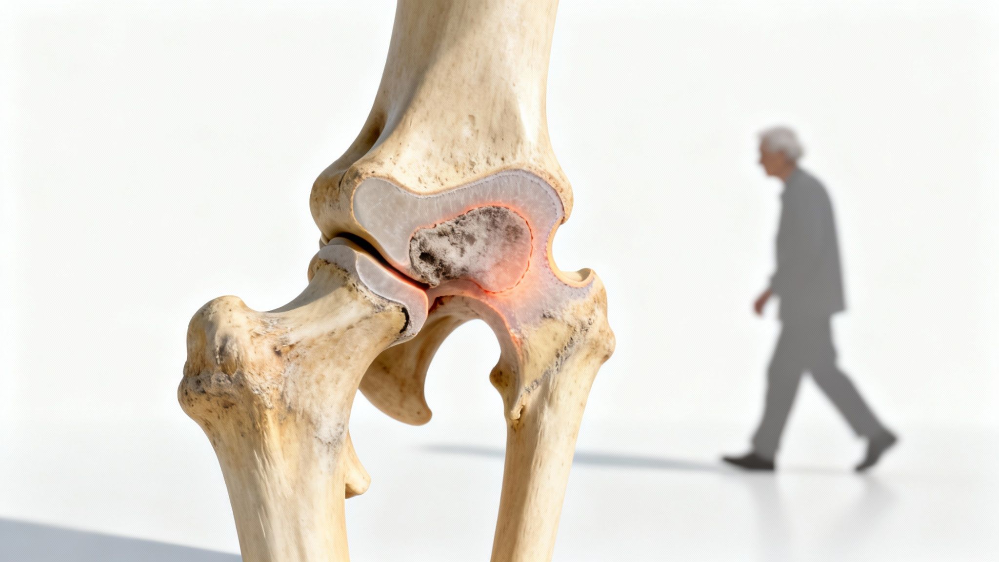 Ilustración médica de una articulación de cadera con osteoartritis y una persona caminando de fondo, representando dolor al andar.