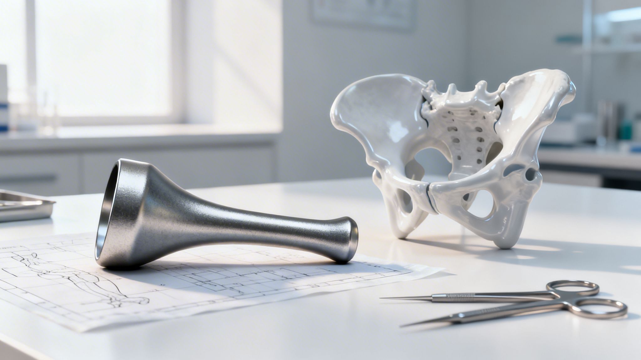 Instrumentos médicos de metal, un modelo de pelvis anatómica y herramientas quirúrgicas en un laboratorio.