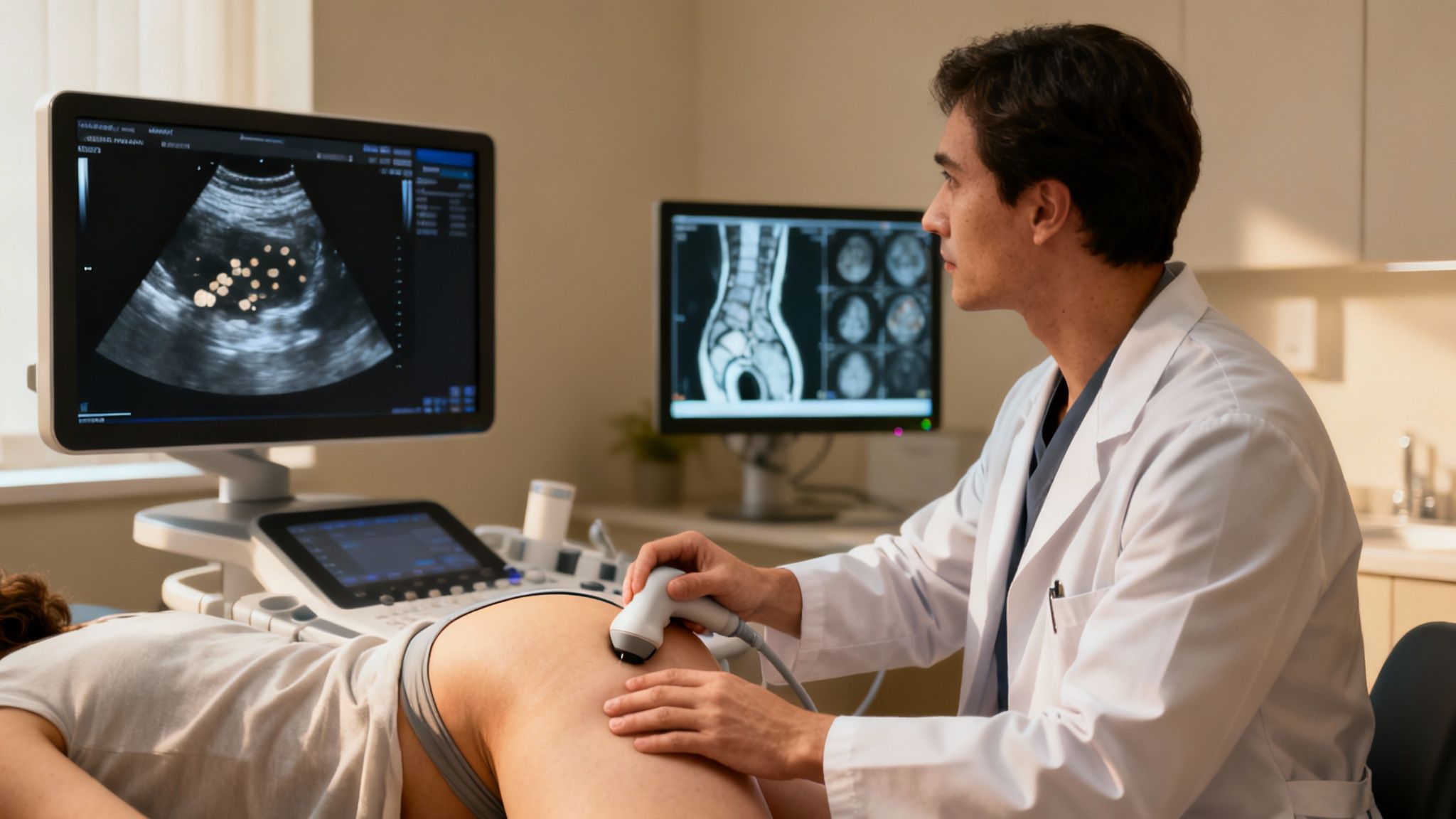 Médico realizando una ecografía de cadera a un paciente, mostrando calcificaciones en la pantalla del monitor.