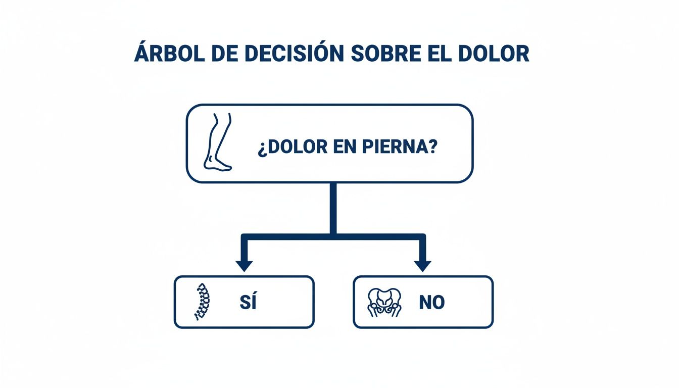 Diagrama de árbol de decisión sobre el dolor: ¿Dolor en la pierna? Sí apunta a la columna vertebral, No a las caderas.