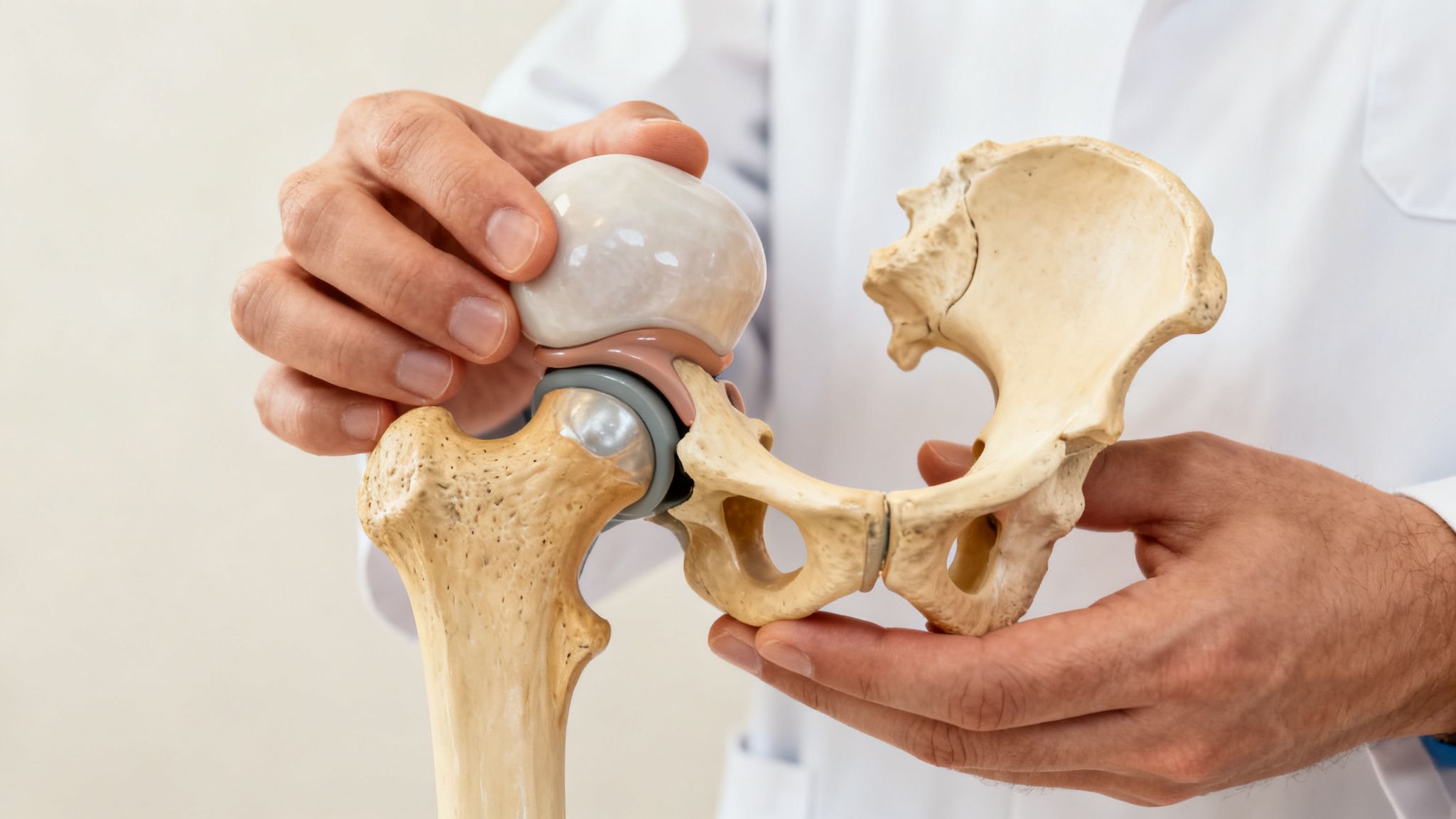 Un doctor muestra un modelo anatómico de cadera con prótesis, explicando la articulación a un paciente.