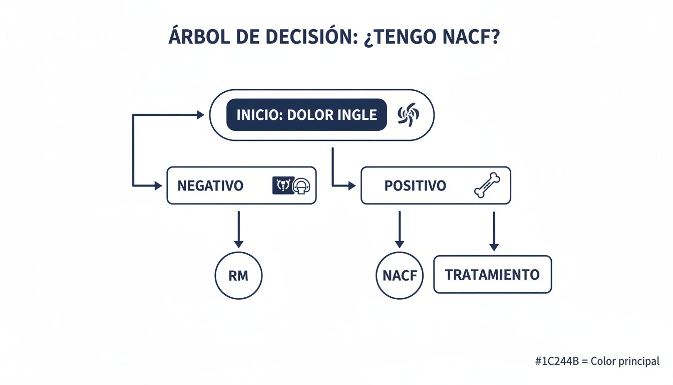 Diagrama de flujo para diagnosticar necrosis avascular de la cabeza femoral (NACF) basado en dolor de ingle.