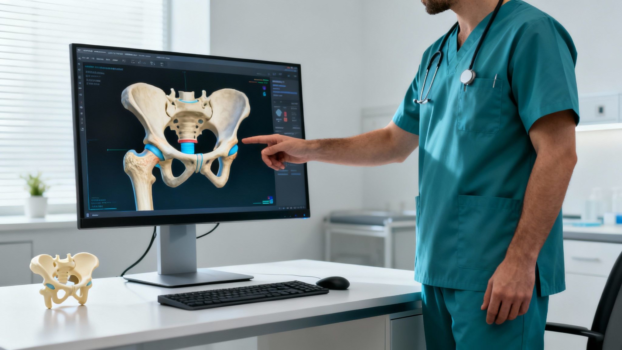 Médico con bata quirúrgica verde examinando un modelo 3D de pelvis y cadera en un monitor.
