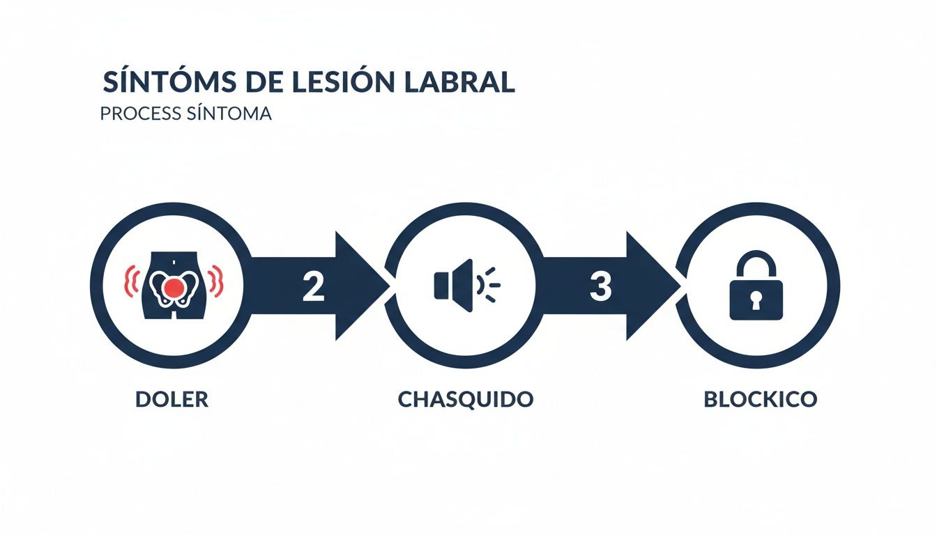 Infografía que ilustra los tres síntomas principales de una lesión labral: dolor, chasquido y bloqueo.