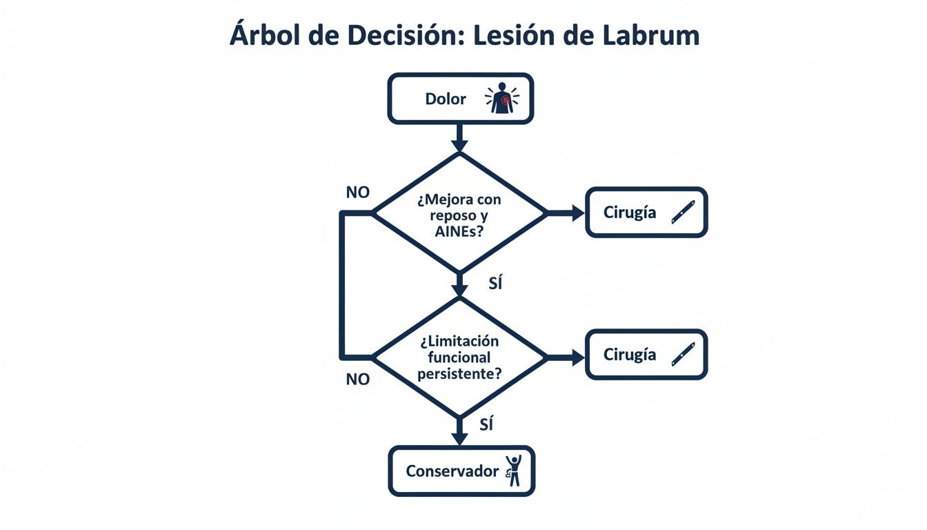 Diagrama de flujo médico sobre cómo decidir el tratamiento para una lesión de labrum.