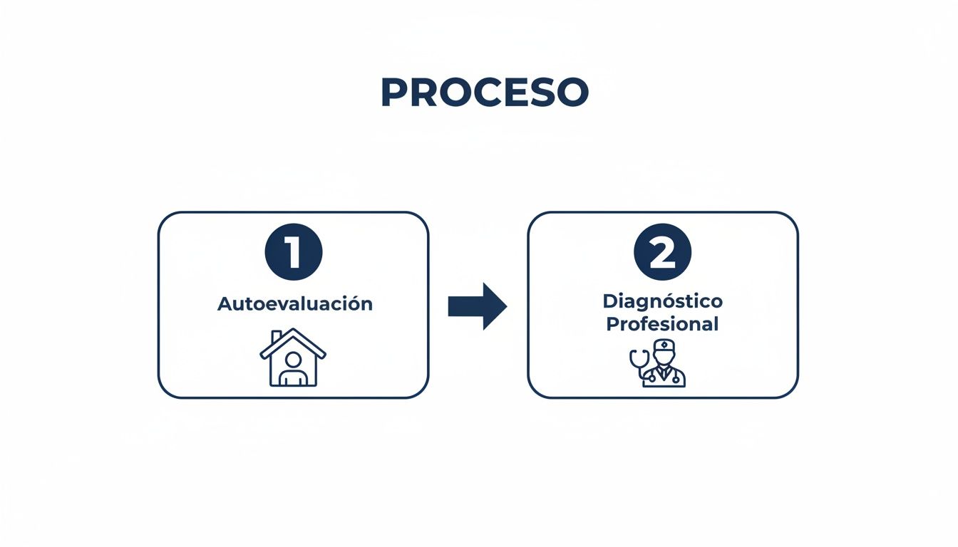 Diagrama de un proceso en dos pasos: autoevaluación con ícono de casa y diagnóstico profesional con ícono de doctor.