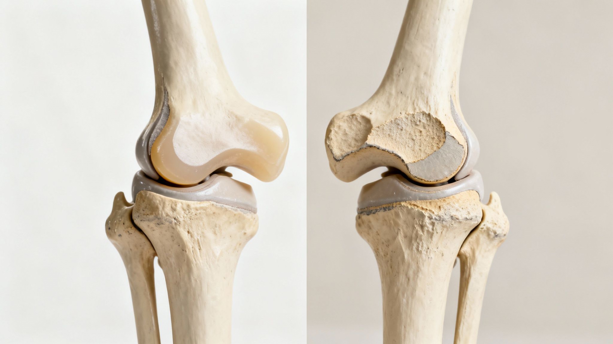Modelos de rodilla comparando cartílago articular sano y cartílago dañado por osteoartritis.