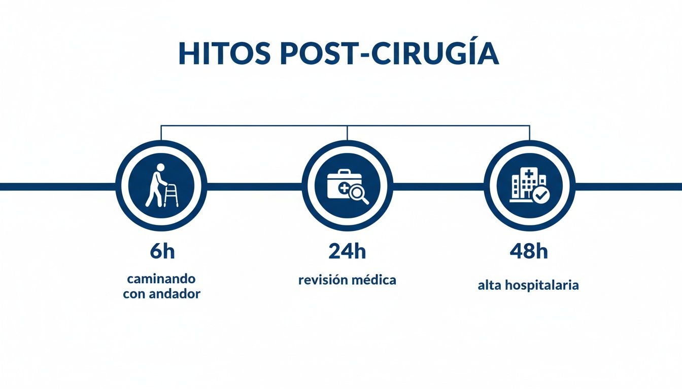 Cronograma de hitos post-cirugía: caminar con andador (6h), revisión médica (24h), alta hospitalaria (48h).