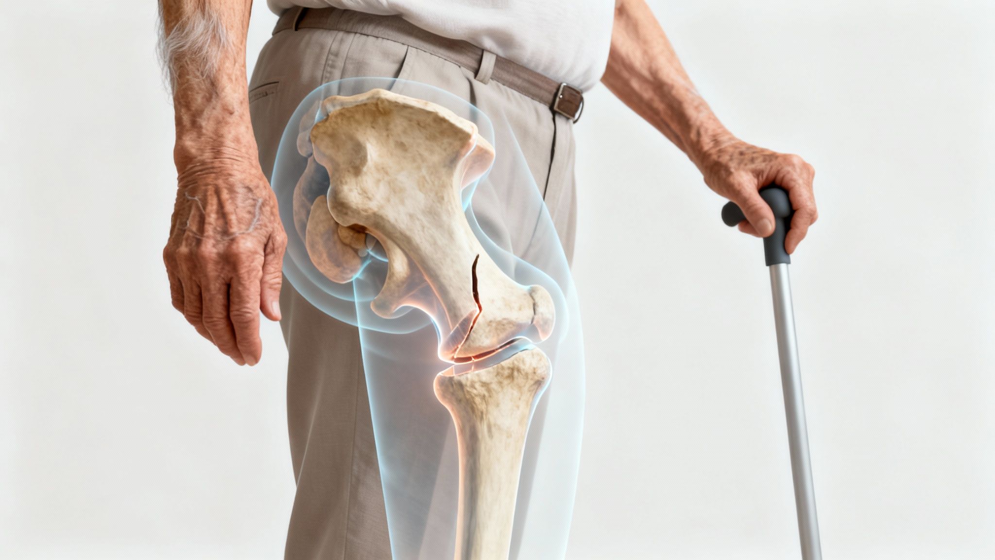 Hombre mayor con bastón y una superposición de rayos X que muestra una fractura de fémur.