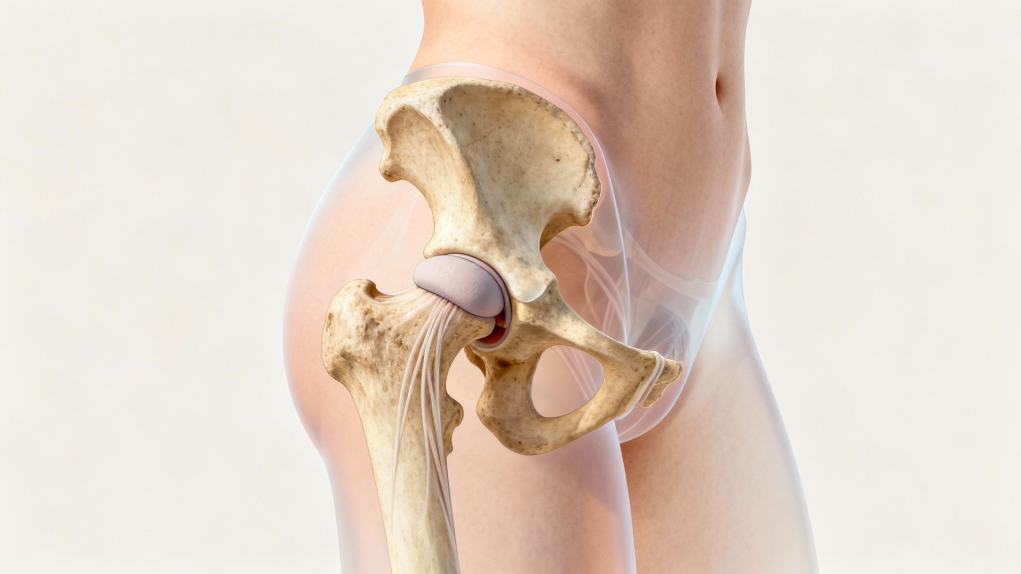 Representación 3D detallada de la articulación de la cadera humana, mostrando pelvis, fémur y ligamentos en un cuerpo translúcido.