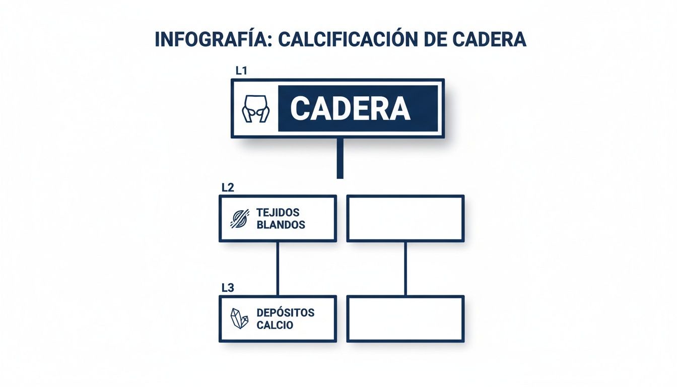 Infografía de calcificación de cadera con un diagrama de flujo: cadera, tejidos blandos y depósitos de calcio.