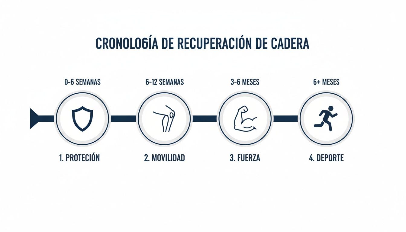 Cronología de recuperación de cadera con cuatro fases: protección, movilidad, fuerza y deporte, mostrando sus rangos de tiempo.