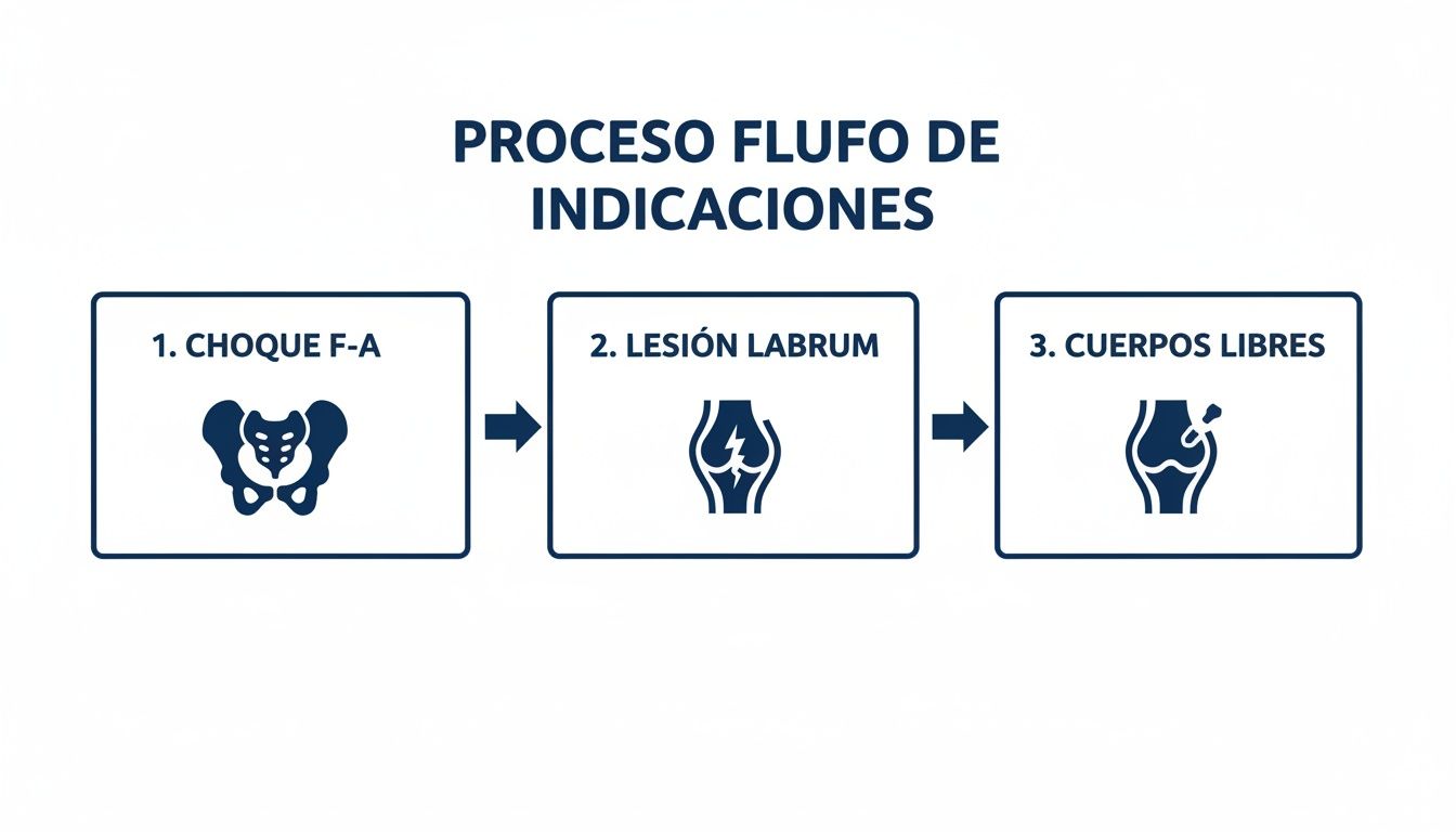 Diagrama de flujo mostrando tres indicaciones para procedimientos de cadera: choque F-A, lesión de labrum y cuerpos libres.