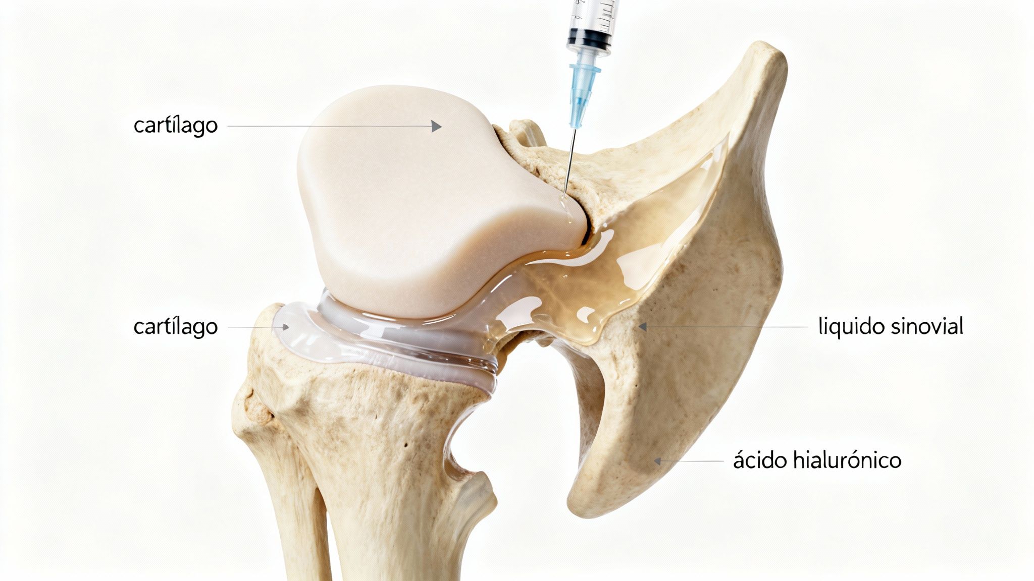 Representación médica de la articulación de la cadera, mostrando cartílago, líquido sinovial y una jeringa inyectando ácido hialurónico.