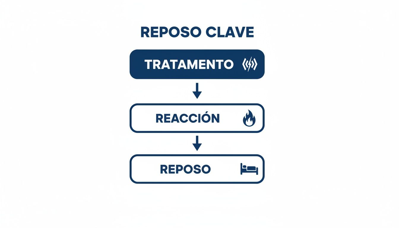 Flujograma que ilustra el proceso de reposo clave: tratamiento con ondas de choque, reacción y descanso.