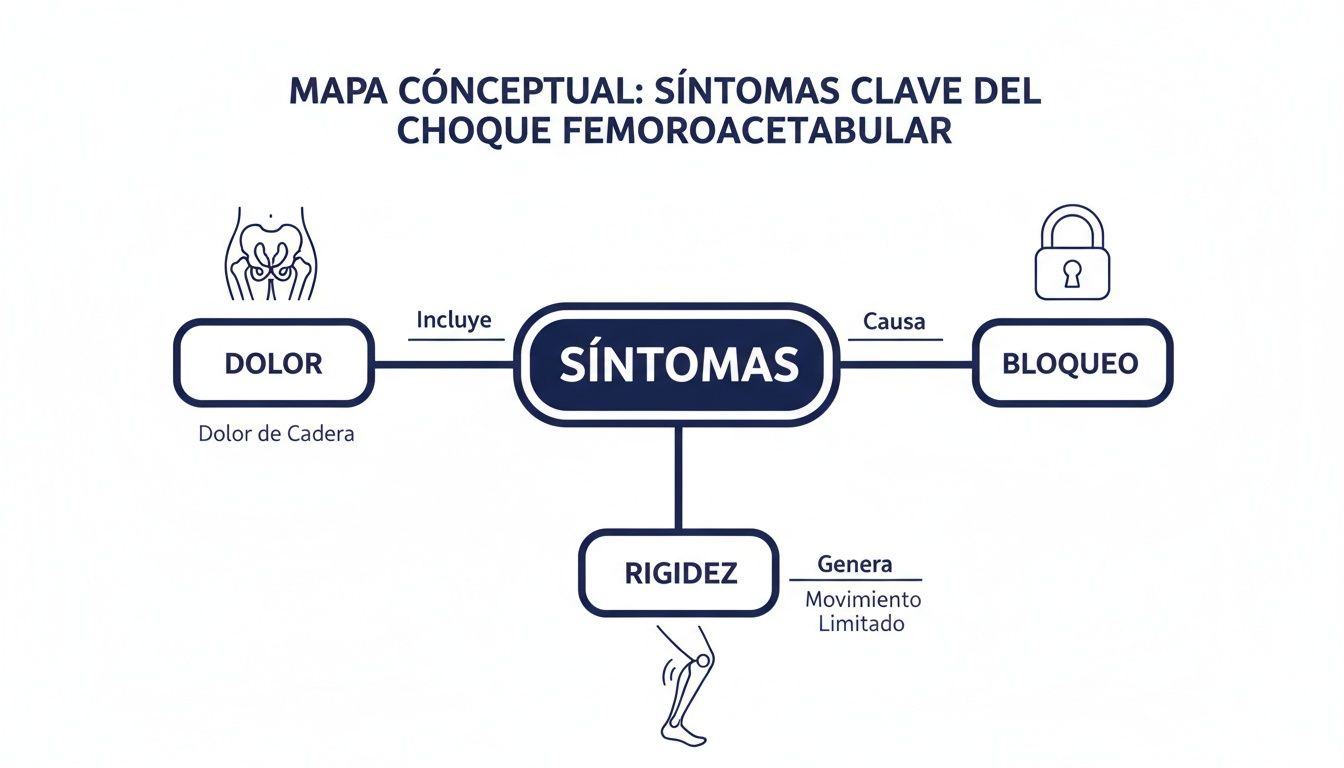 Mapa conceptual que ilustra los síntomas clave del choque femoroacetabular: dolor de cadera, rigidez y bloqueo.