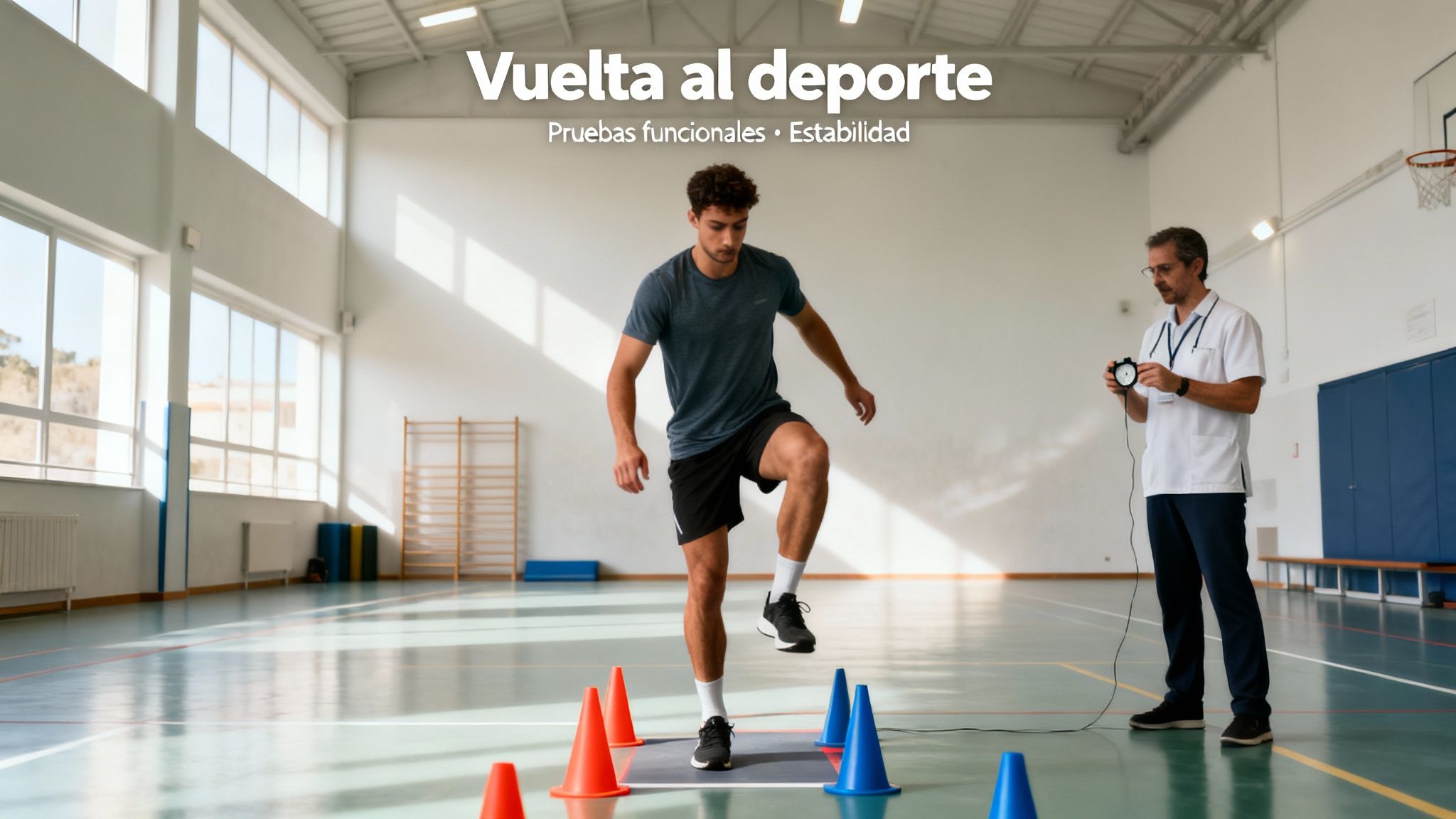 Hombre joven realiza pruebas funcionales de estabilidad en un gimnasio, supervisado por un profesional con un cronómetro para su vuelta al deporte.
