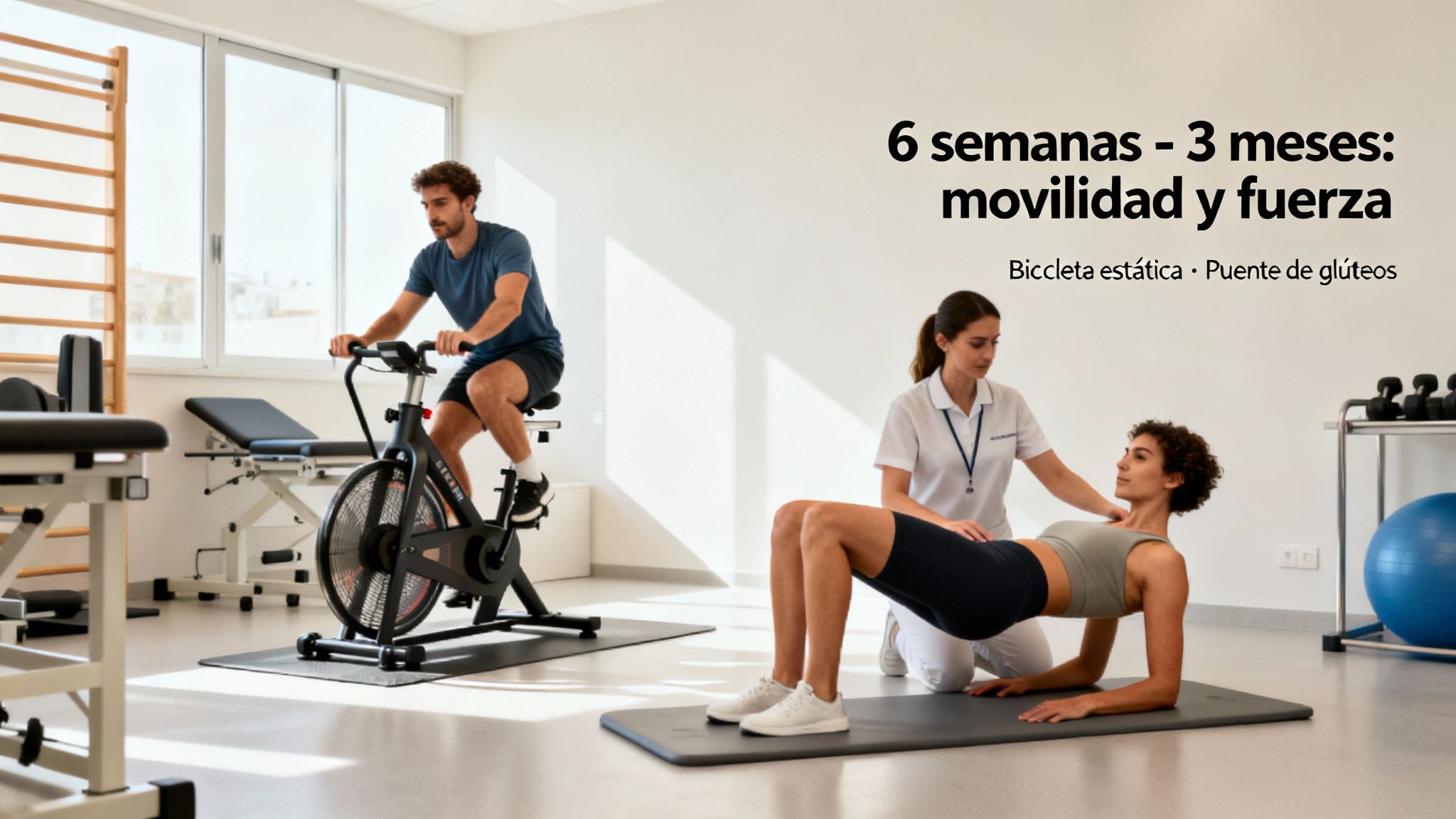 Hombre en bicicleta estática y mujer haciendo puente de glúteos con fisioterapeuta en rehabilitación.