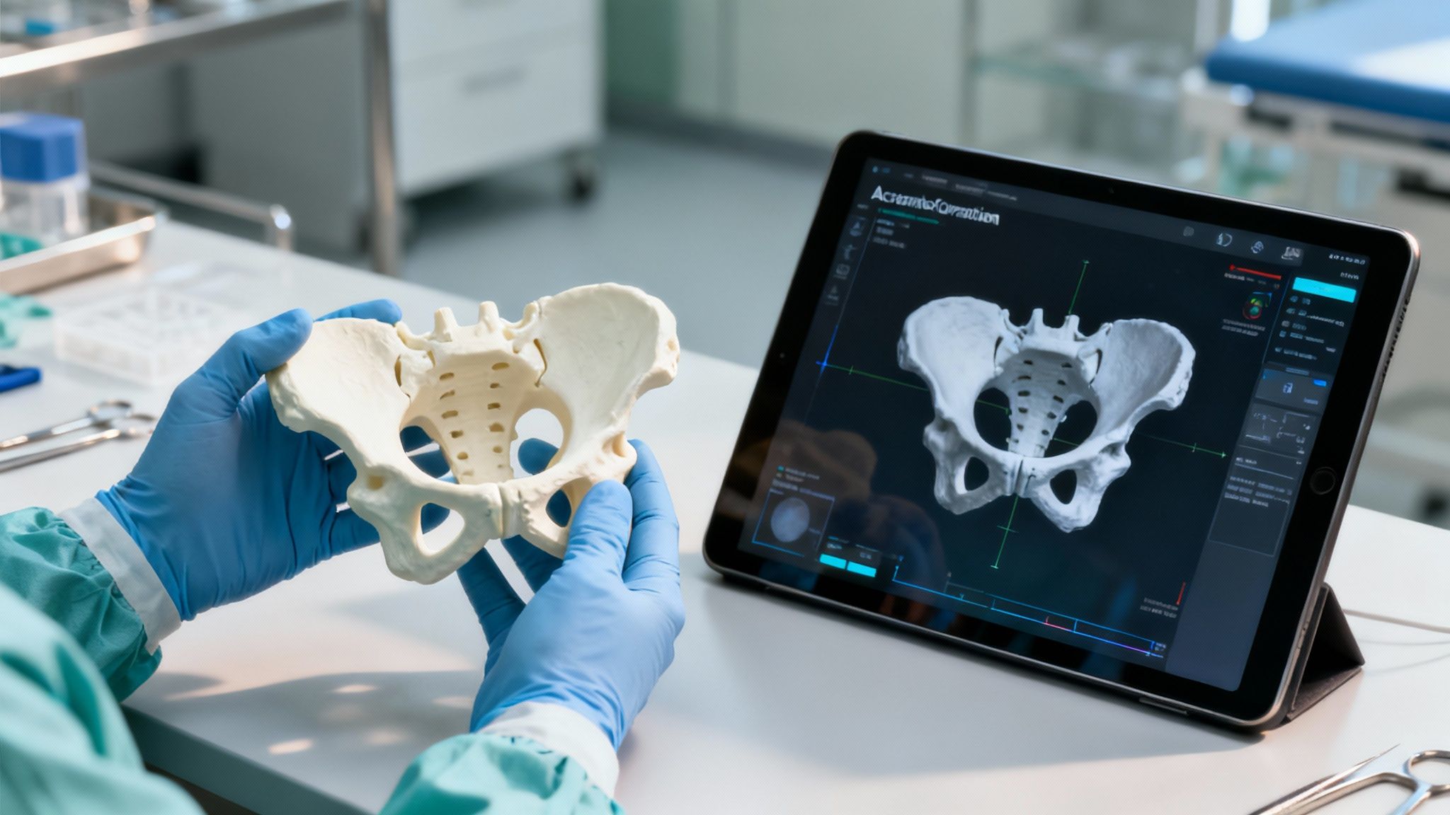 Médico con guantes examina modelo 3D de pelvis junto a tableta con imagen digital de la cadera.