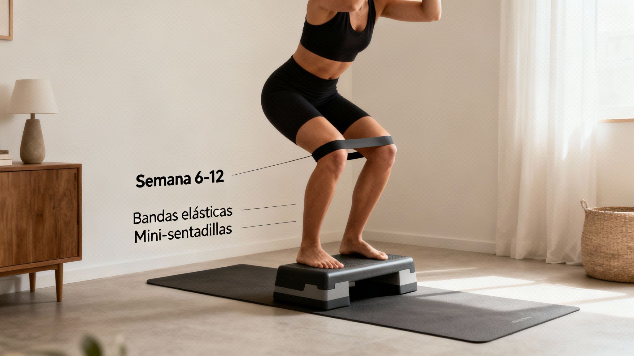 Mujer realizando mini-sentadillas con banda elástica sobre un step, parte de un programa de rehabilitación semanas 6-12.