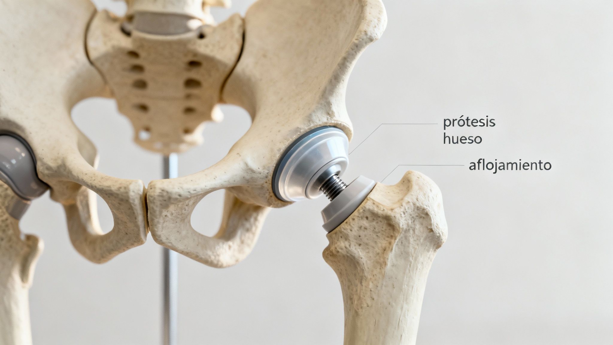 Modelo anatómico de pelvis con prótesis de cadera, mostrando sus componentes y un posible aflojamiento.