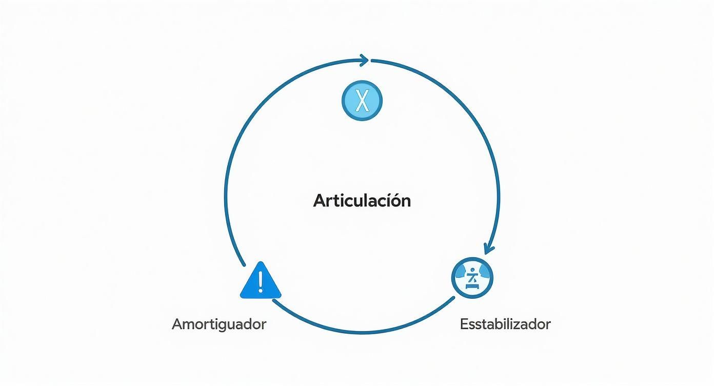 Diagrama circular que ilustra la articulación central y su relación con el amortiguador y el estabilizador.