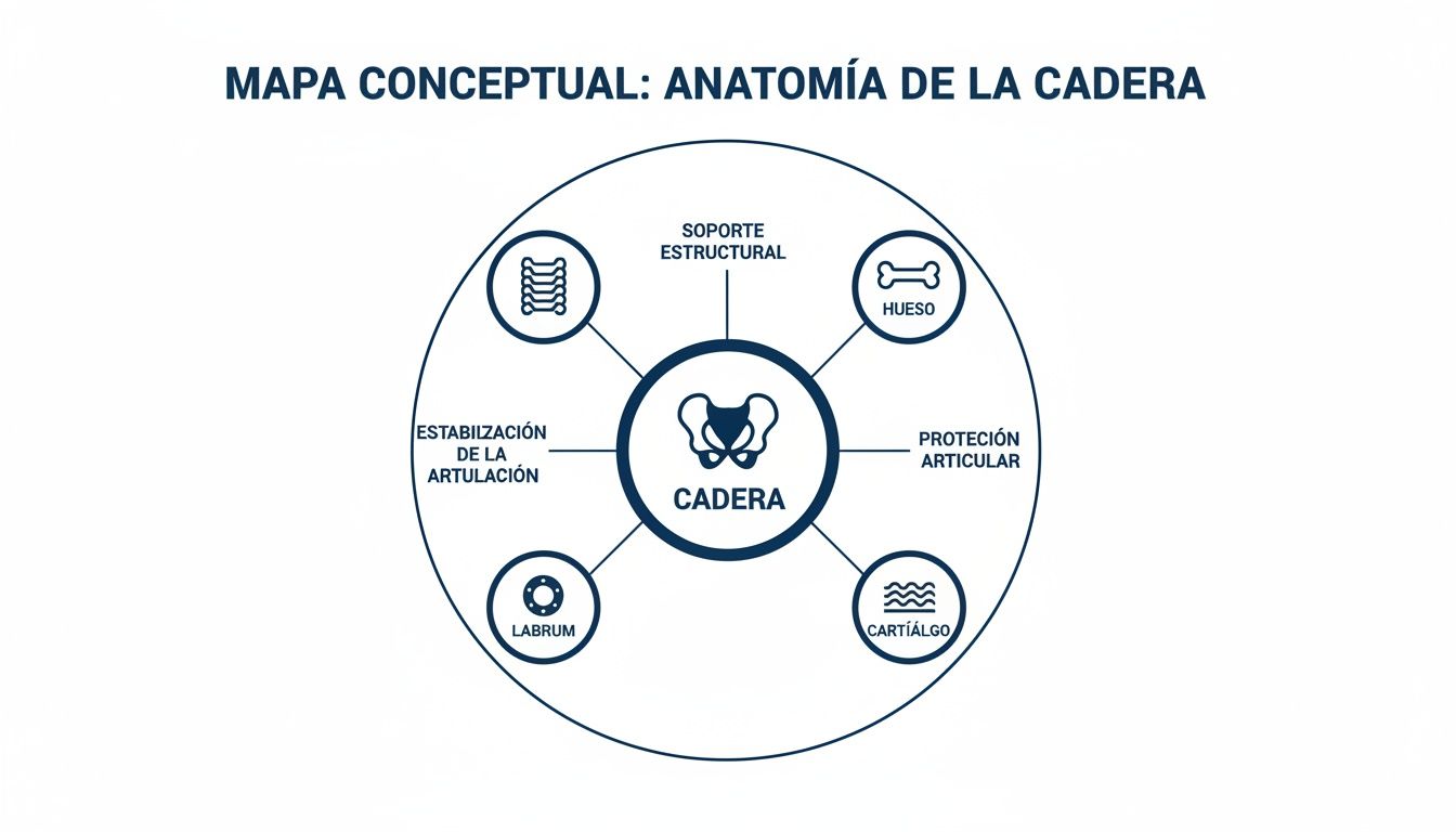 Mapa conceptual de la anatomía de la cadera, destacando hueso, cartílago, labrum, y funciones de soporte y protección.
