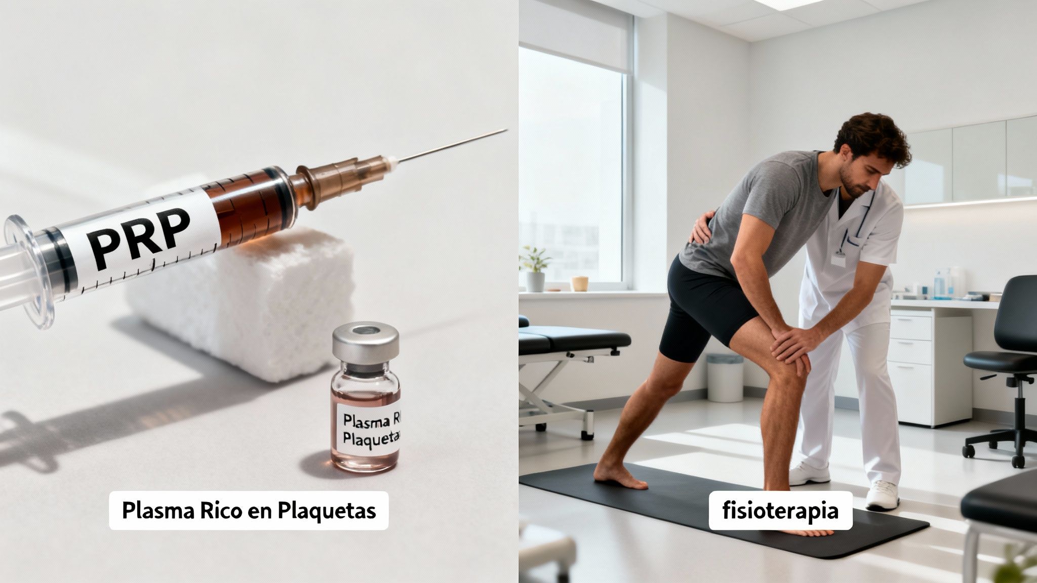 Una jeringa de PRP y un vial de plasma rico en plaquetas junto a un paciente recibiendo fisioterapia para la recuperación de rodilla.