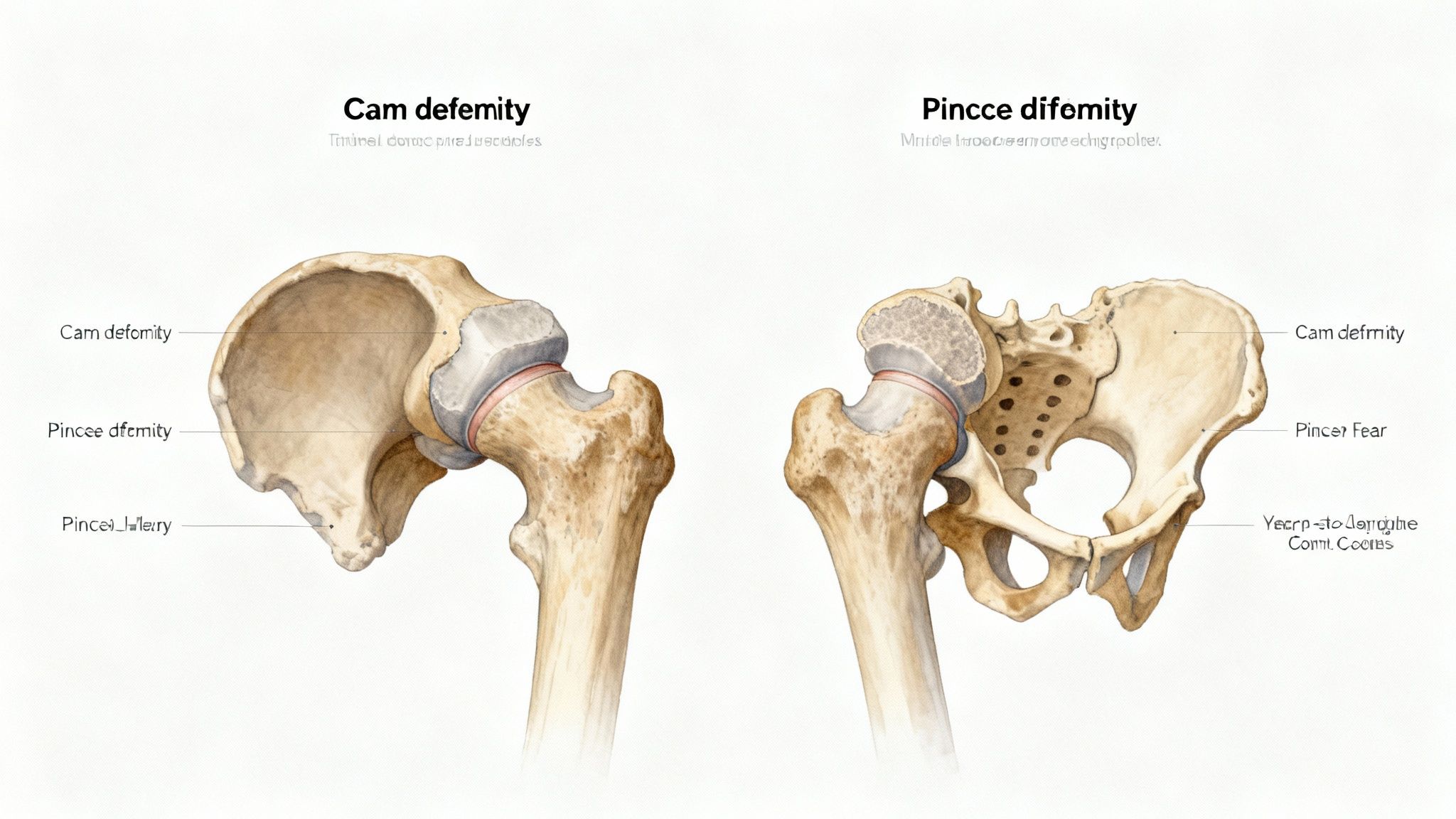 Ilustración médica detallada de la articulación de la cadera, mostrando las deformidades tipo cam y pincer.