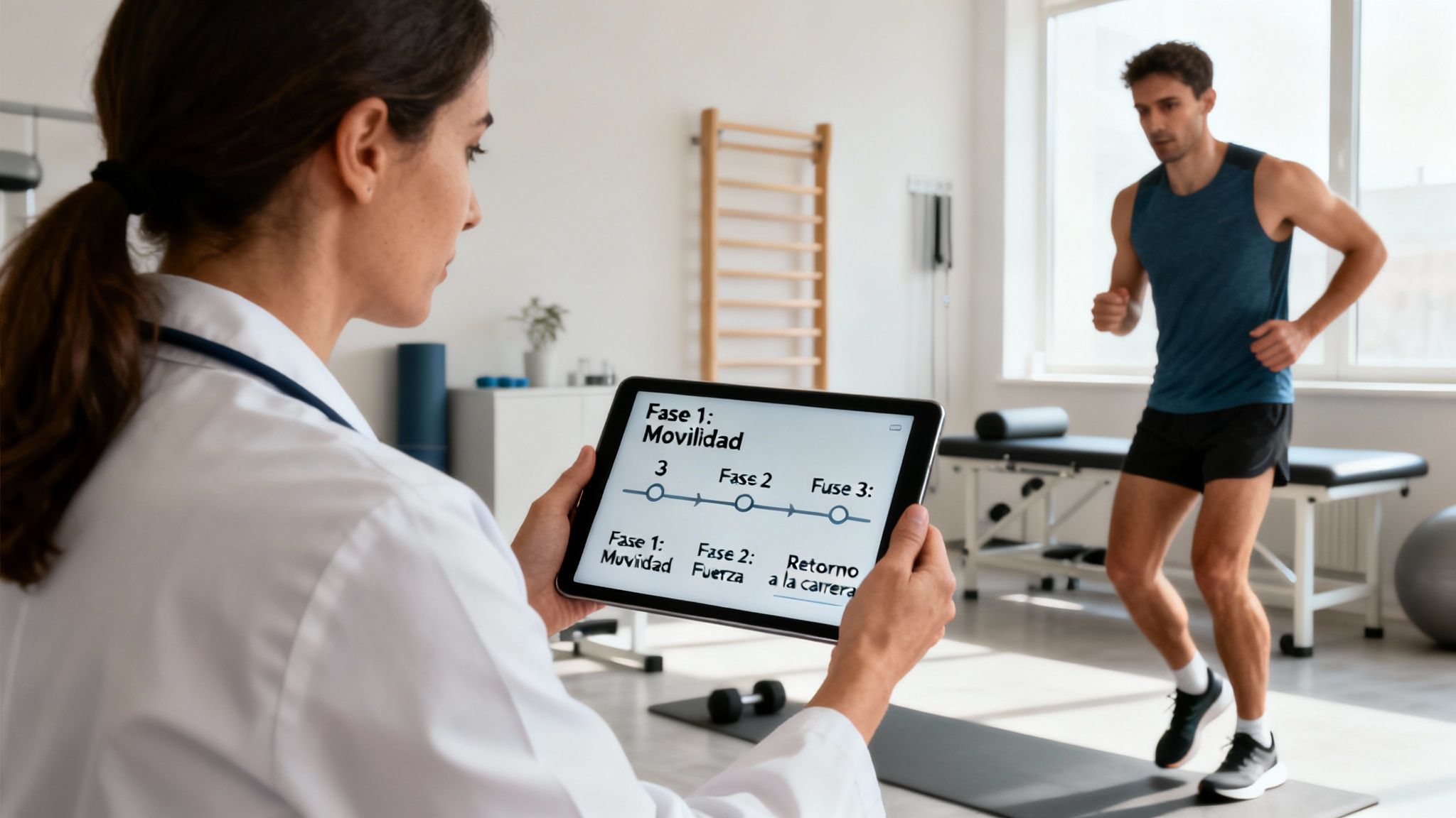 Fisioterapeuta monitorea la rehabilitación de un corredor con una tablet que muestra las fases del progreso.
