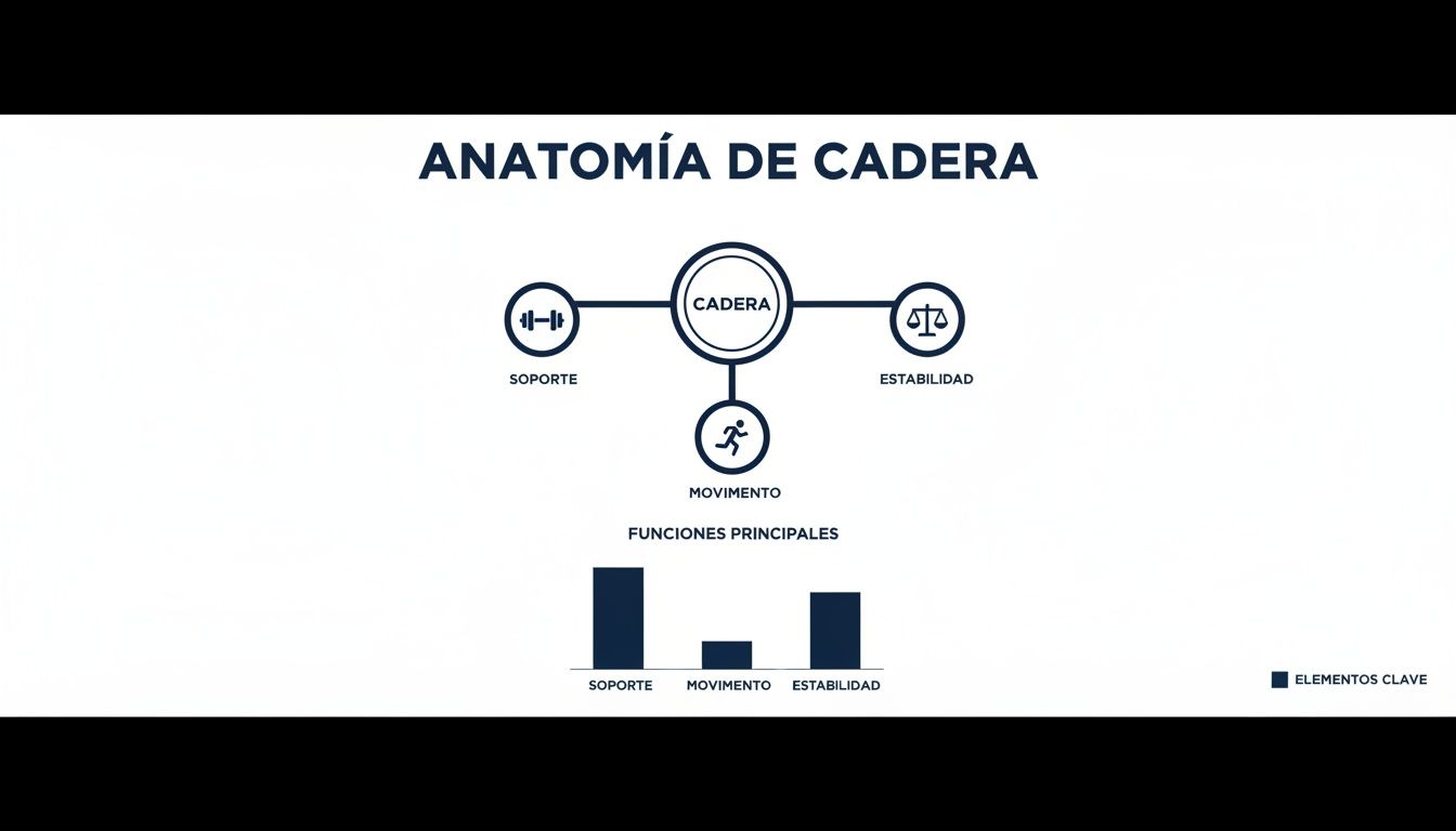 Diagrama de anatomía de cadera mostrando sus funciones principales: soporte, movimiento y estabilidad, con un gráfico de barras.