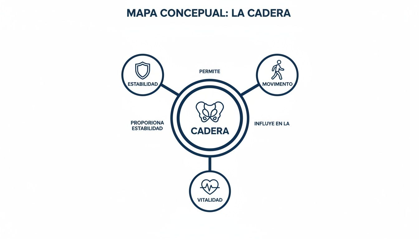 Mapa conceptual de la cadera, mostrando sus funciones clave en estabilidad, movimiento y vitalidad.