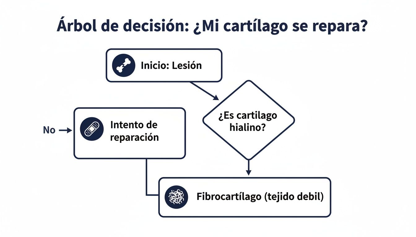 Diagrama de flujo sobre la reparación del cartílago, mostrando el inicio con una lesión, la pregunta si es cartílago hialino, un intento de reparación y el resultado final como fibrocartílago, un tejido débil.