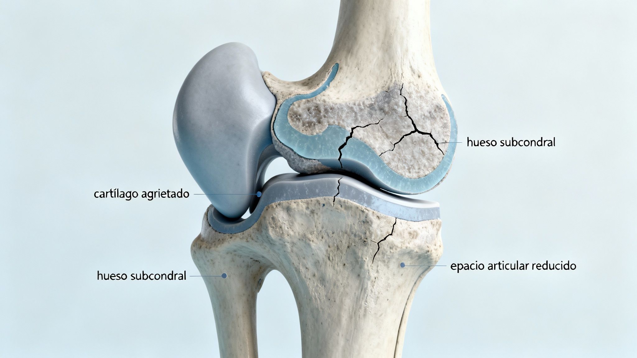 Ilustración detallada de una rodilla con artrosis, mostrando cartílago agrietado, hueso subcondral dañado y espacio articular reducido.