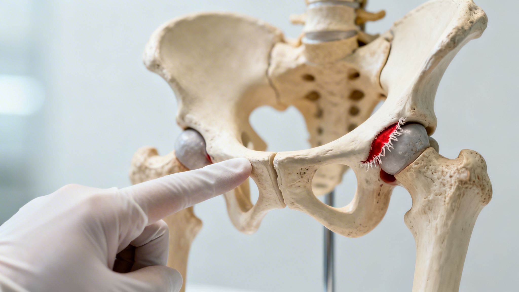 Mano enguantada señalando una maqueta de pelvis humana con una articulación de cadera destacada en rojo.
