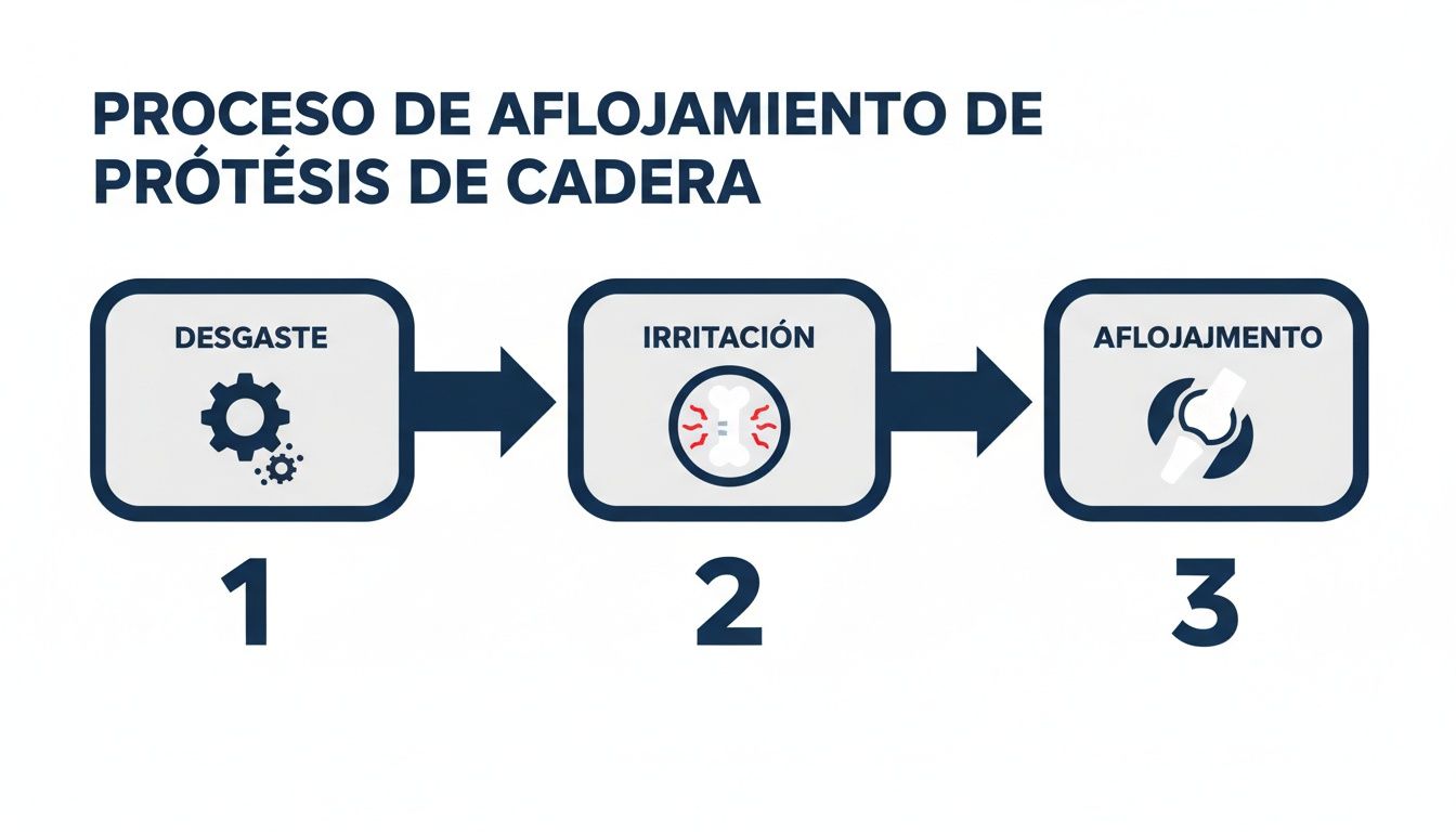 Diagrama que ilustra el proceso de aflojamiento de prótesis de cadera: desgaste, irritación y aflojamiento.