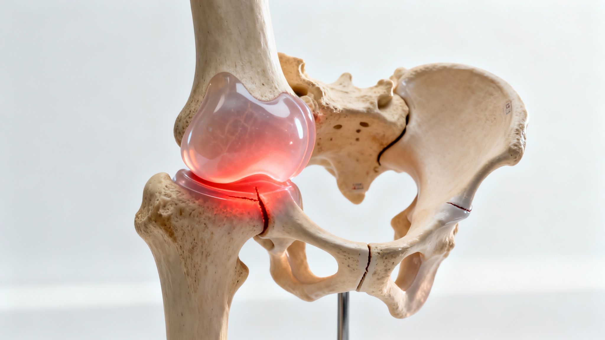 Modelo anatómico de la cadera y rodilla mostrando inflamación y daño articular con luz roja.