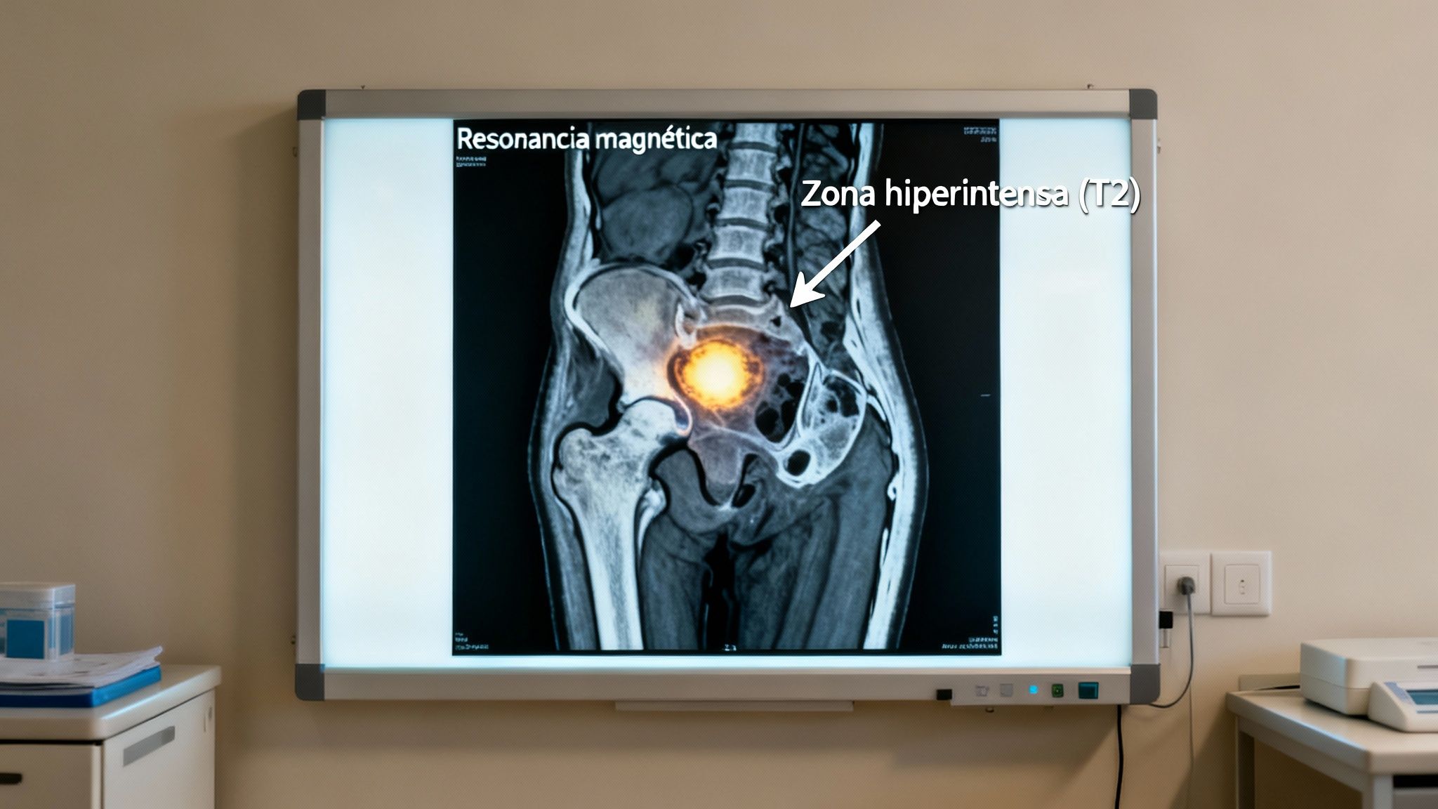 Resonancia magnética de la pelvis mostrando una zona hiperintensa (T2), indicando posible edema óseo.