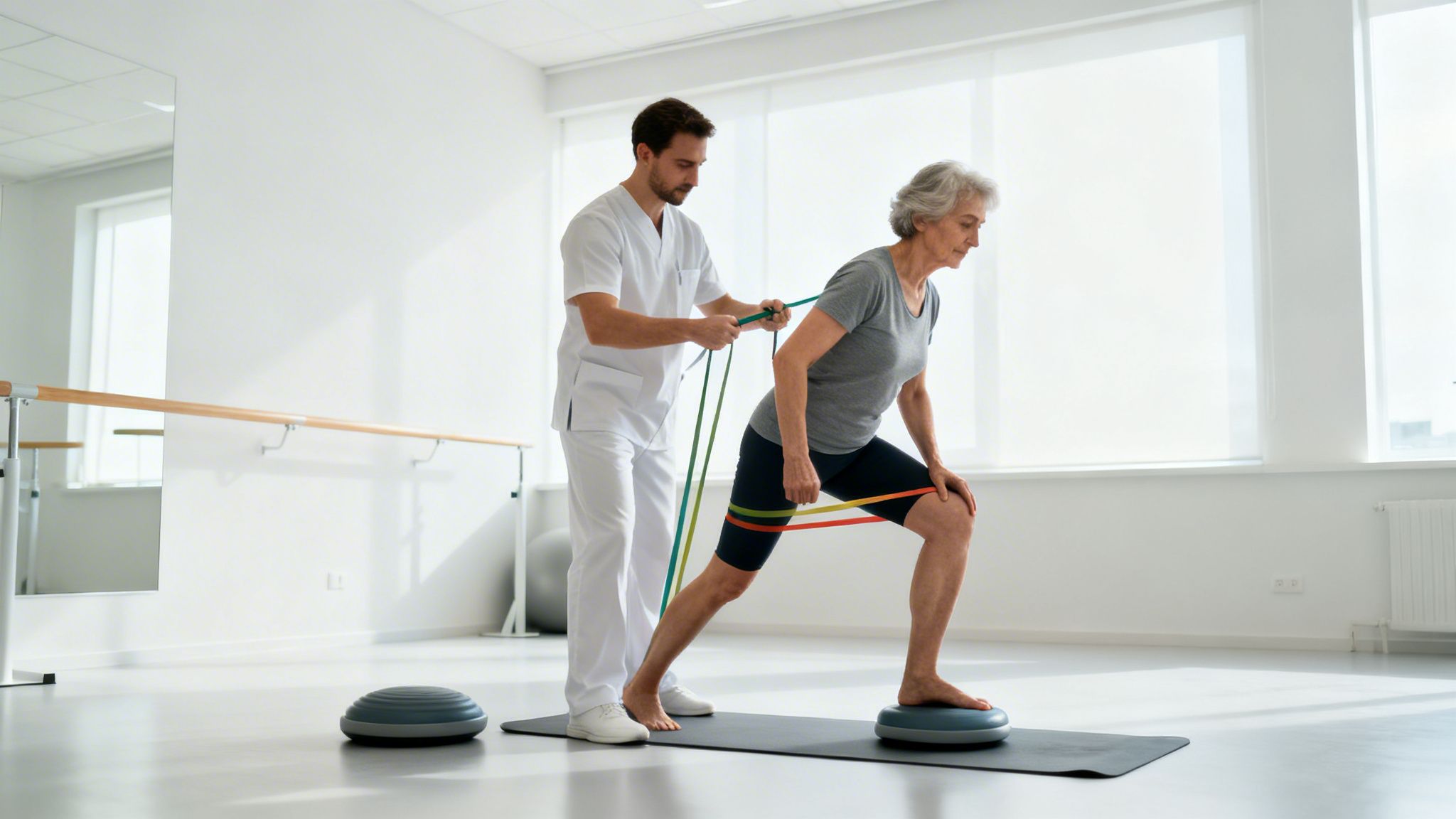 Fisioterapeuta ayuda a mujer mayor con ejercicios de banda de resistencia y equilibrio en gimnasio.