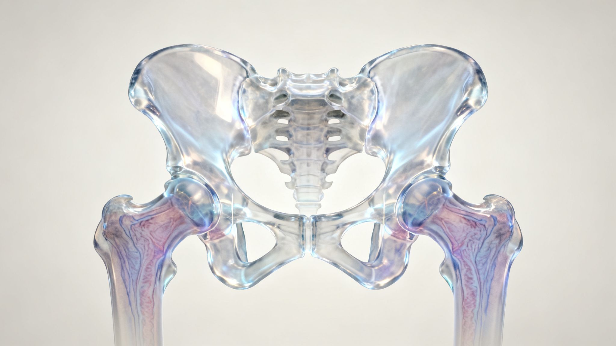 Representación 3D translúcida de la anatomía de los huesos de la cadera, la pelvis y el fémur superior.