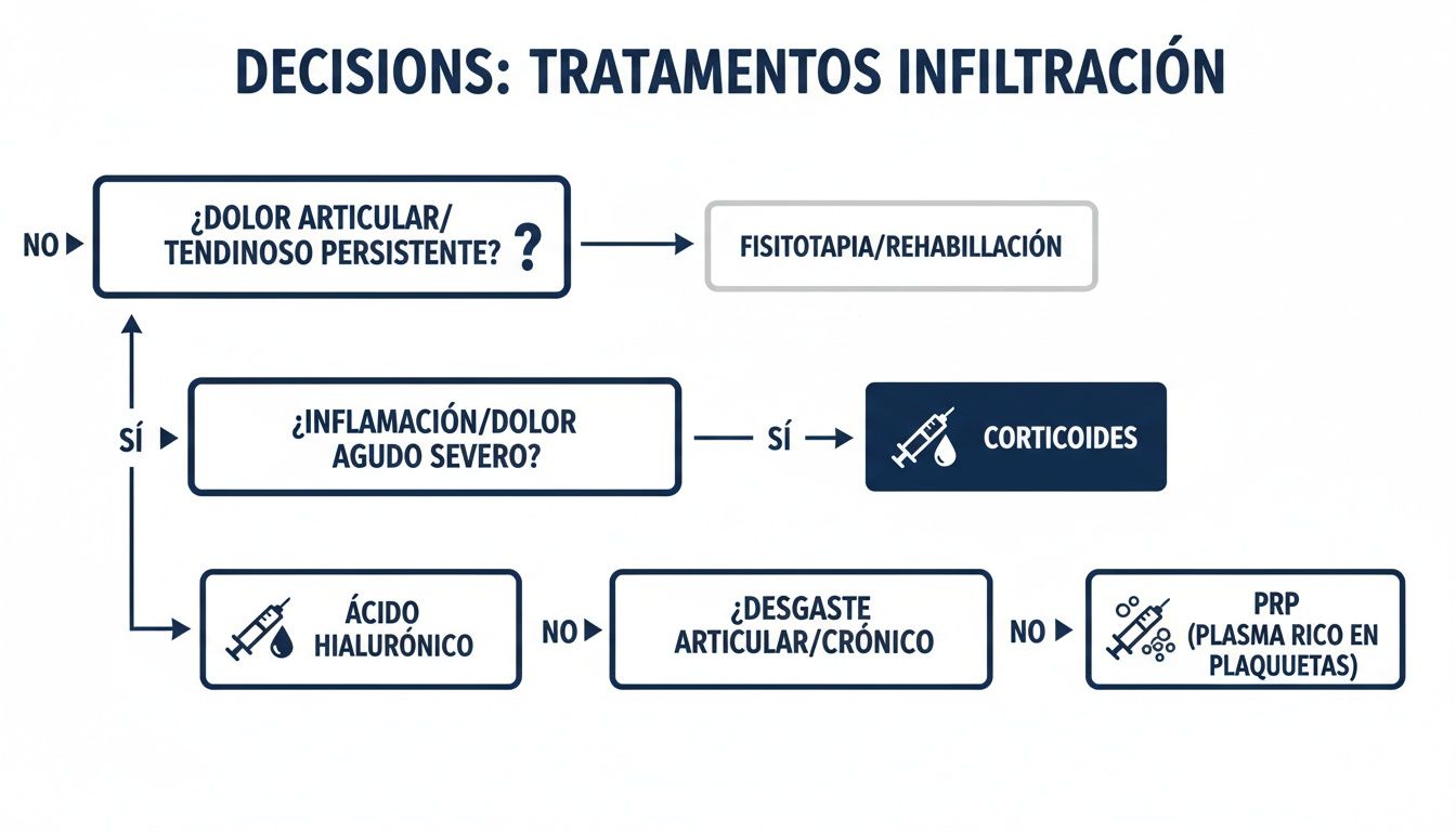 Diagrama de decisiones para tratamientos de infiltración en dolor articular, tendinoso, inflamación y desgaste.