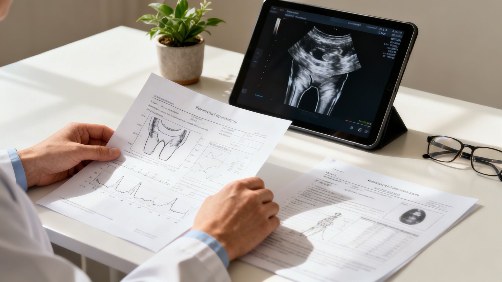 Profesional de la salud revisando resultados de ecografía en tablet y documentos médicos en un consultorio.