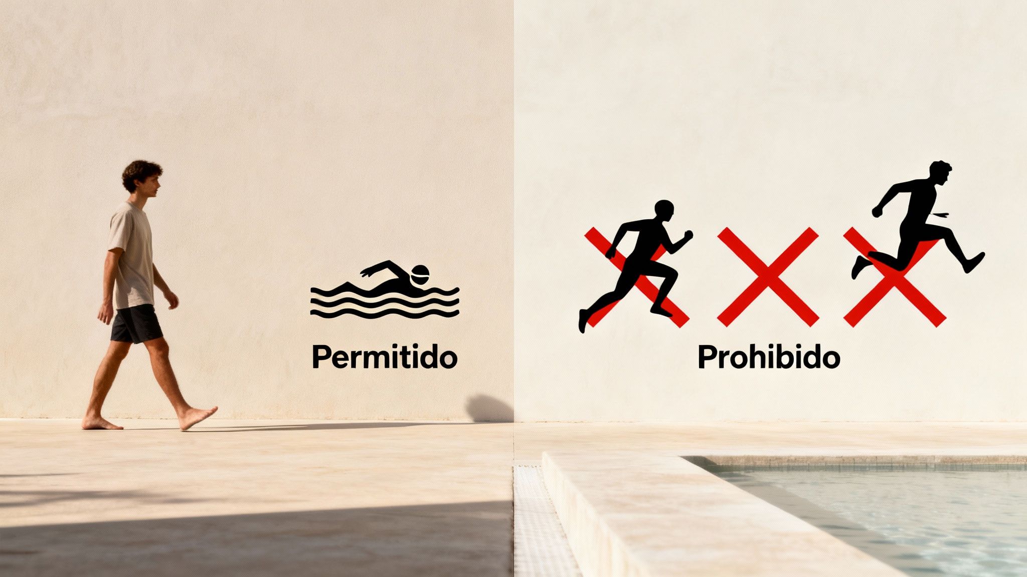 Señales de piscina que muestran caminar y nadar permitido, correr y saltar prohibido para seguridad.