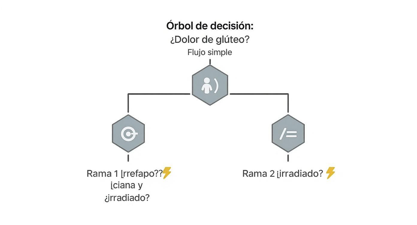 Diagrama de árbol de decisión sobre el dolor de glúteo, mostrando un flujo simple con dos ramas.