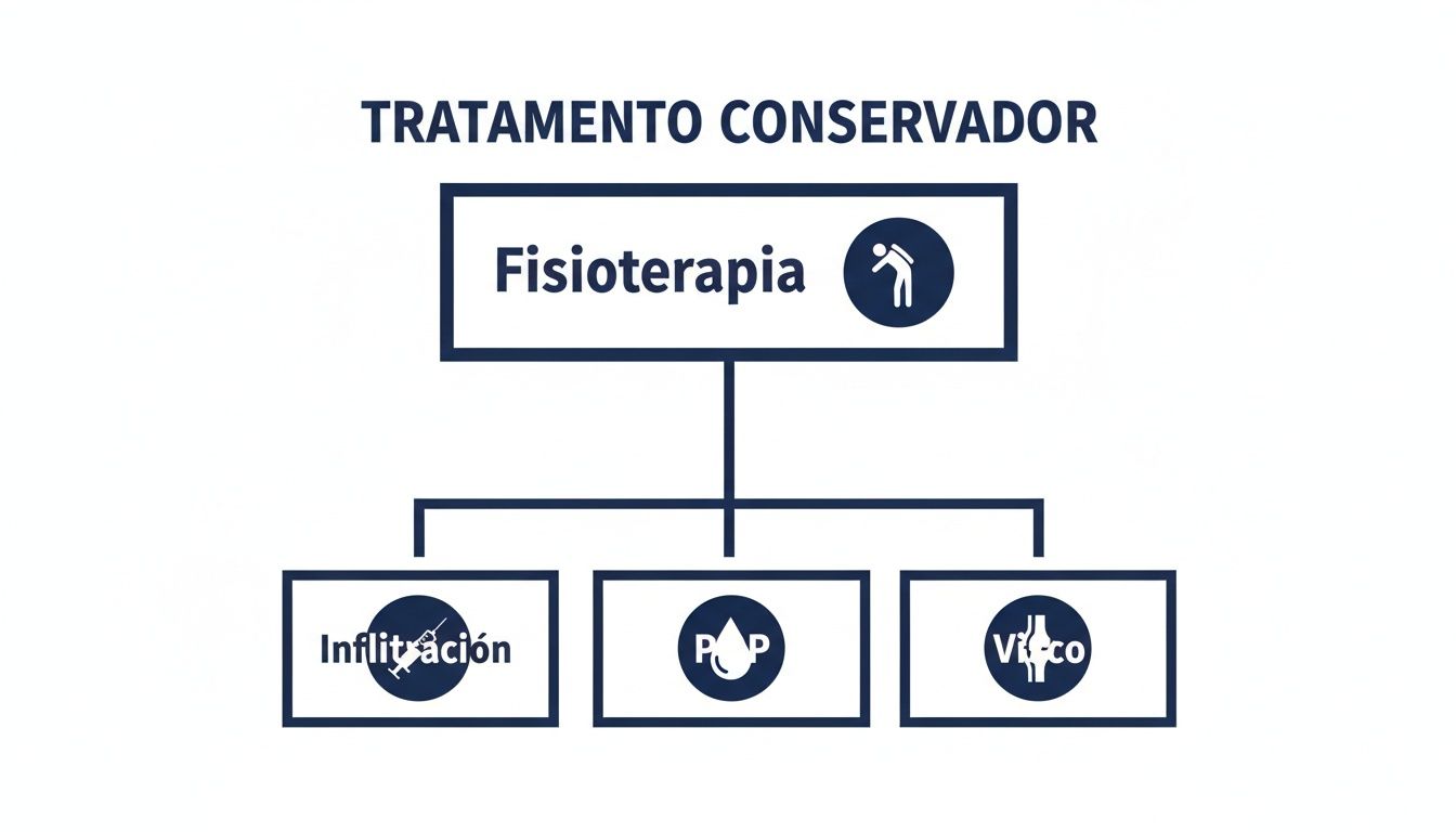 Diagrama de flujo de tratamiento conservador que incluye fisioterapia, infiltración, PRP y viscosuplementación.