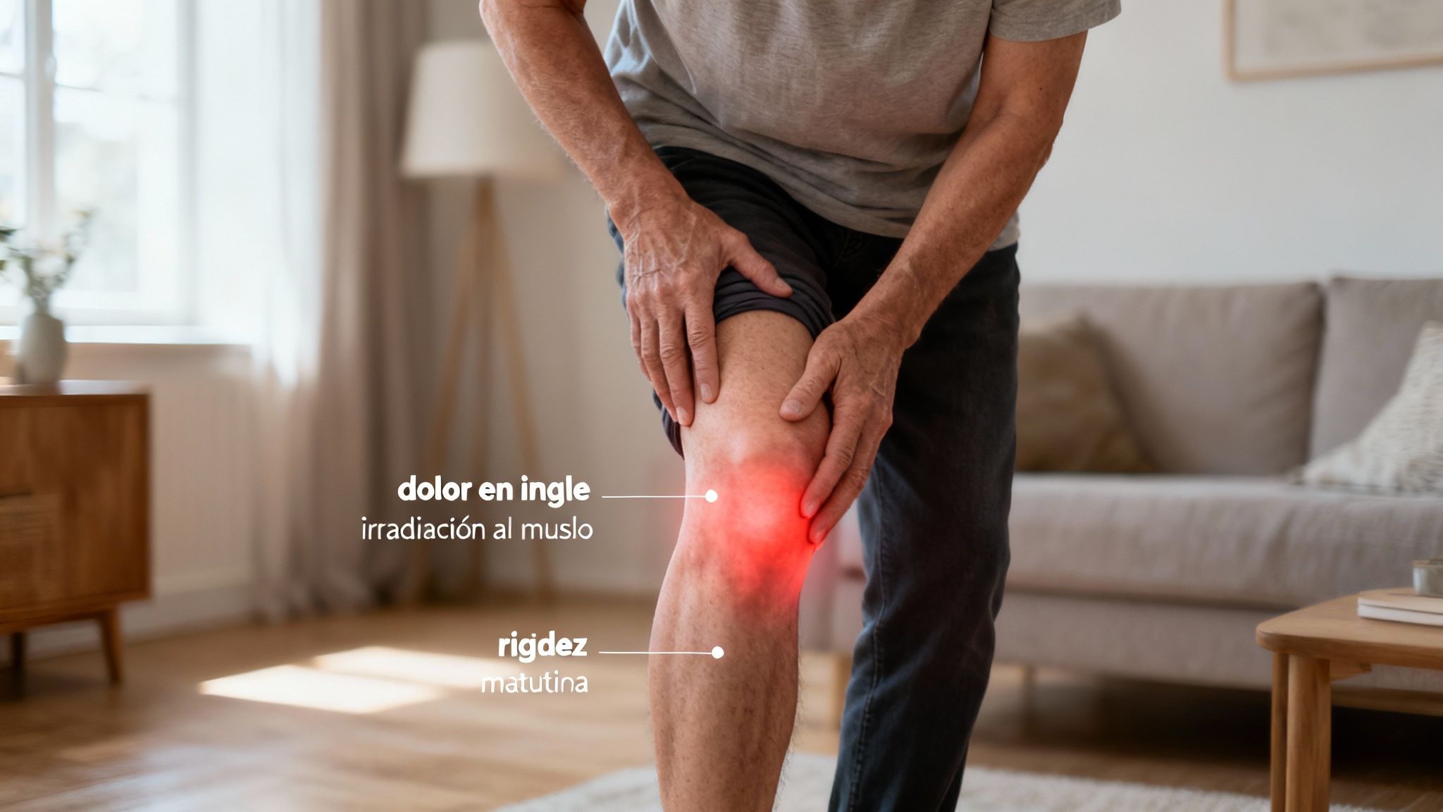 Hombre mayor sujetándose la rodilla con dolor, mostrando texto sobre dolor en ingle, irradiación al muslo y rigidez matutina.