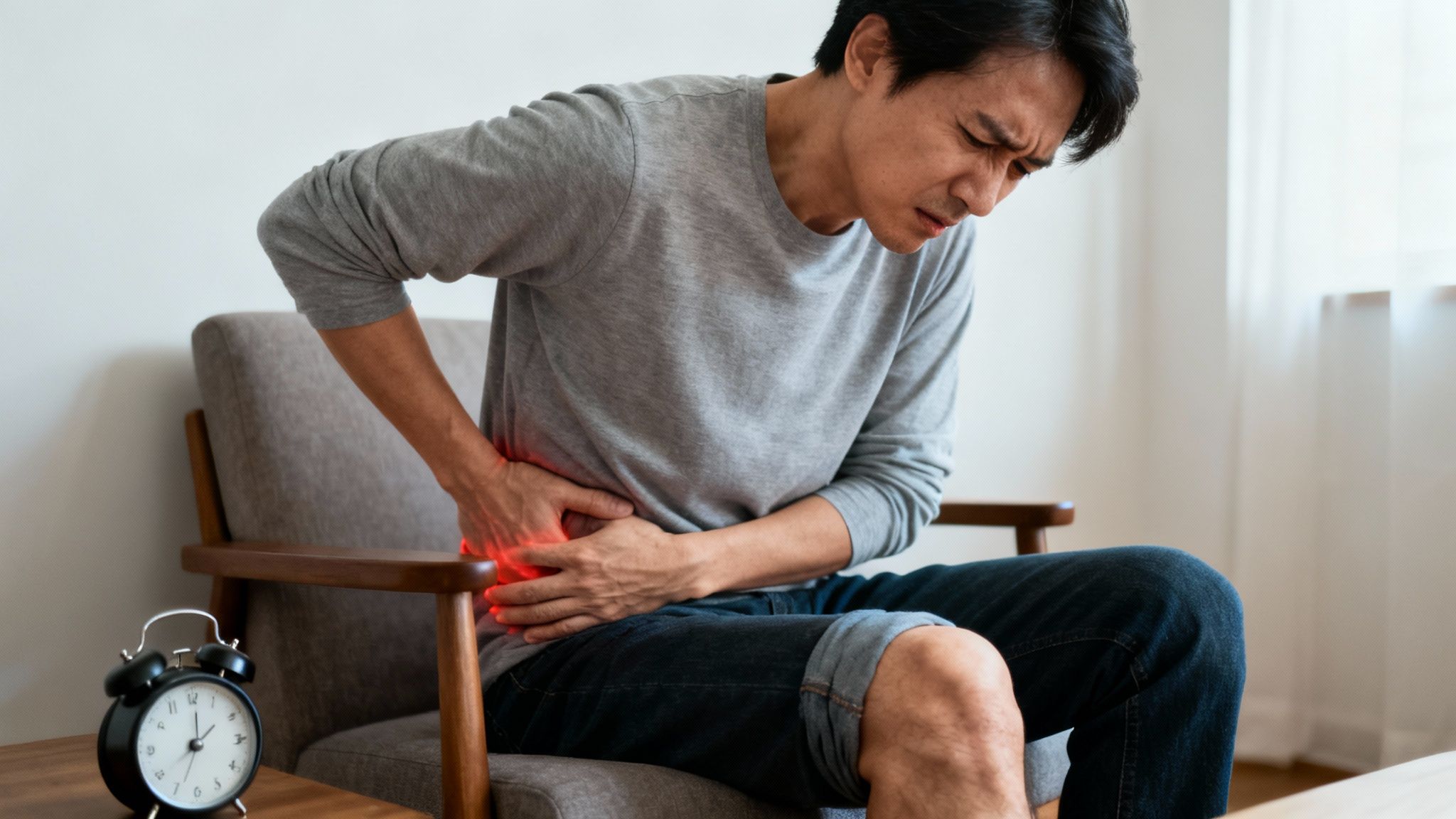 Hombre asiático con expresión de dolor sosteniendo su costado o cadera con un brillo rojo.