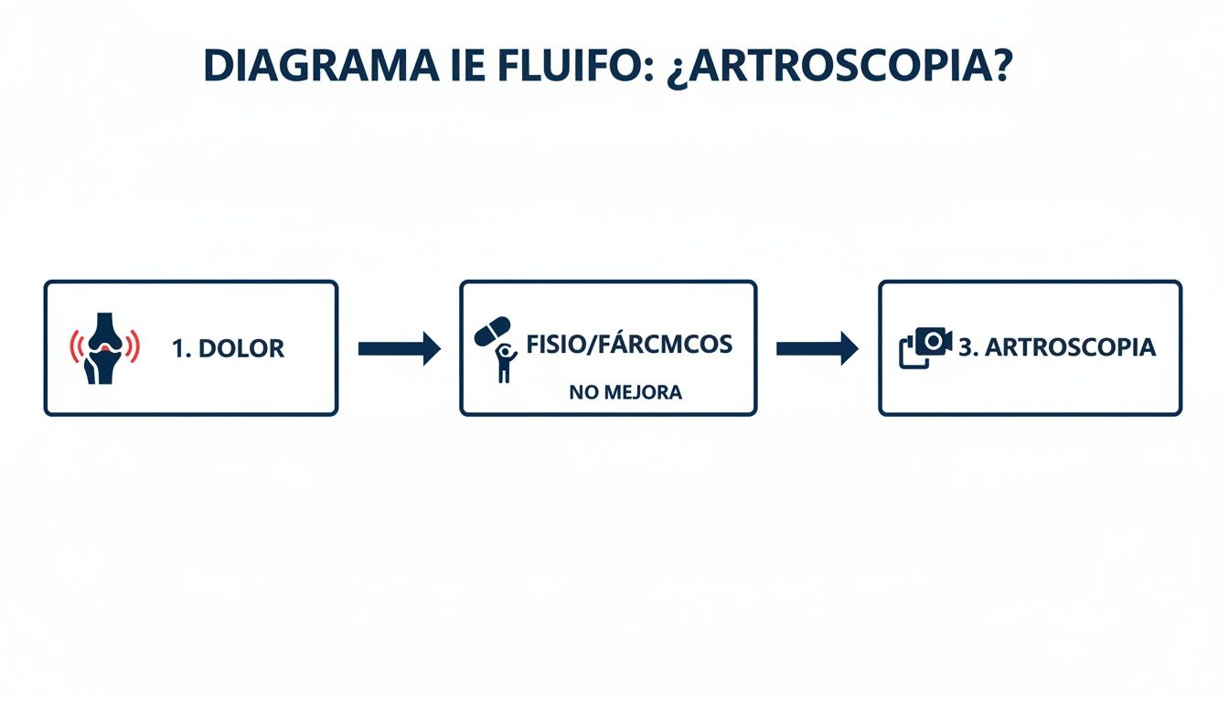 Diagrama de flujo médico que muestra el proceso de tratamiento para el dolor, desde fisioterapia hasta artroscopia.